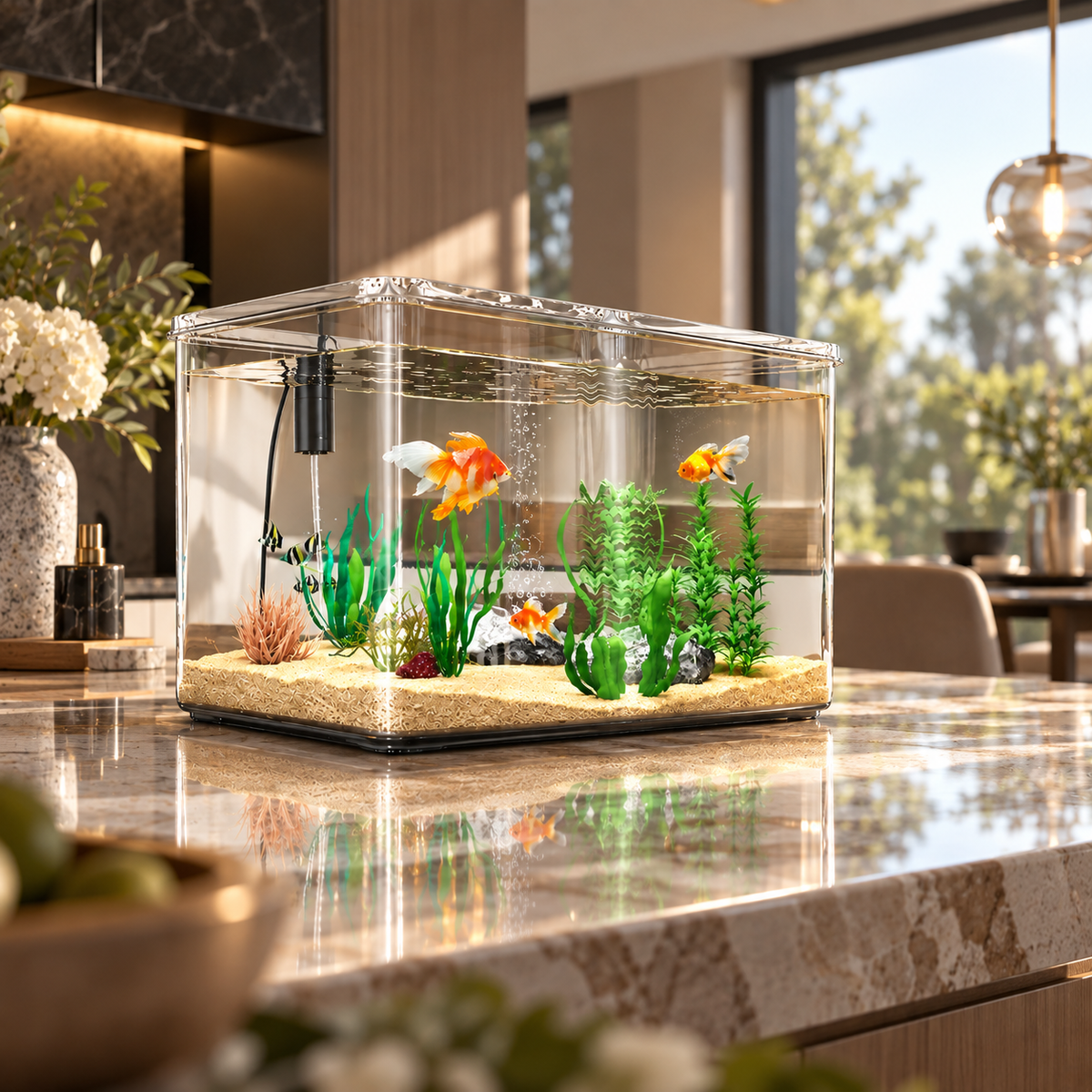 Aquarium design panoramique avec filtration intégrée