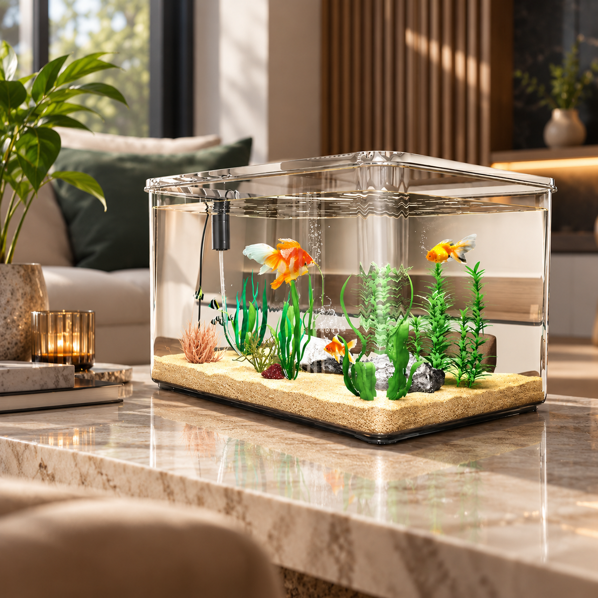 Aquarium design panoramique avec filtration intégrée